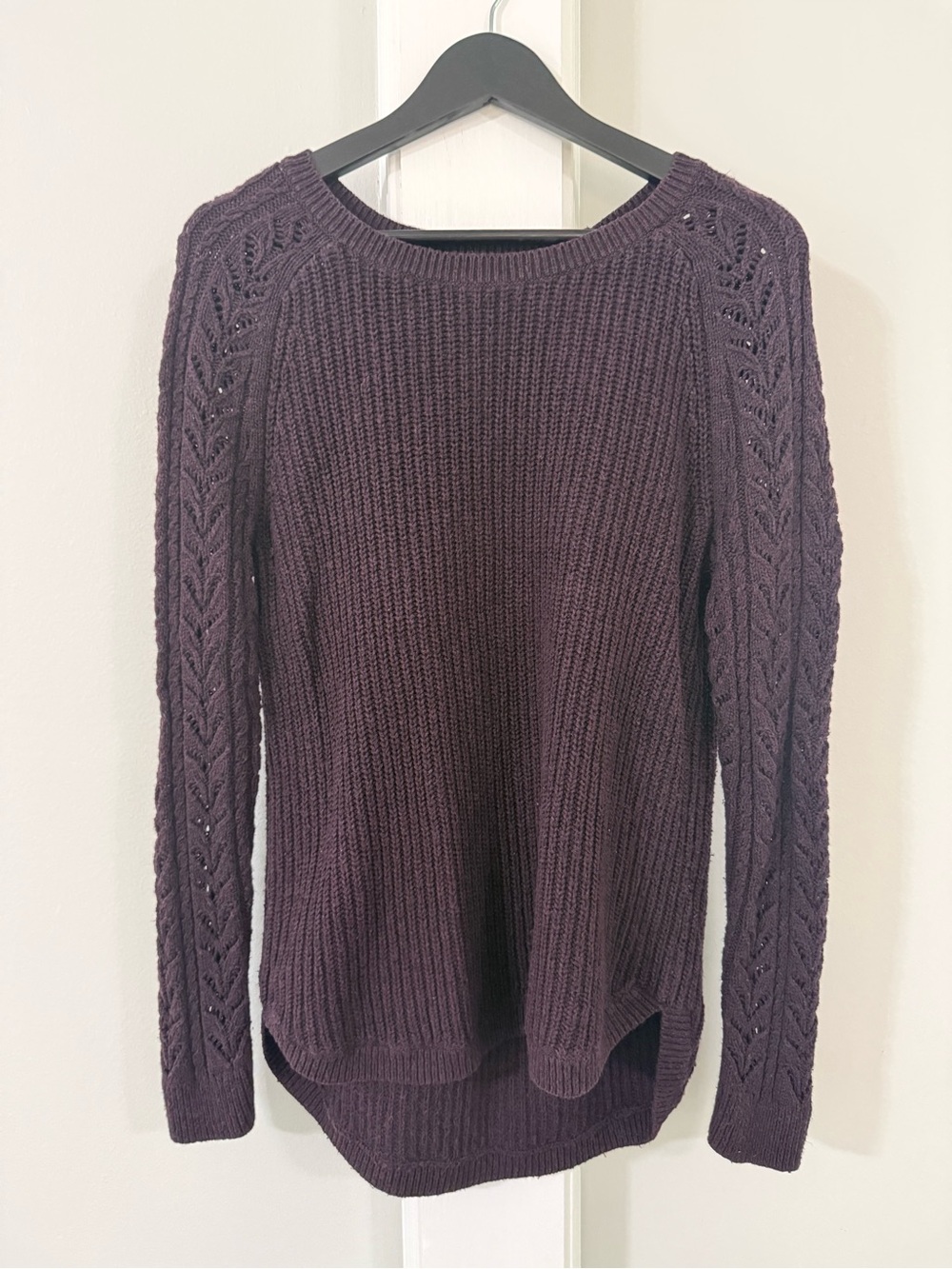 LOFT Plum Crewneck Sweater with Cable-Detail Sleeves
